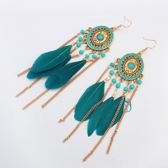 Boho Teal & Gold Moroccan Style Dangle Earrings - Picture 1 of 6
